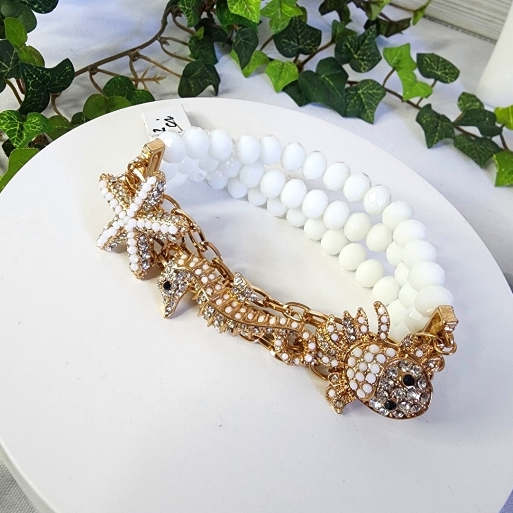 Starfish Seahorse Fish Gold Chain and White Faceted Glass Bead Bracelet
